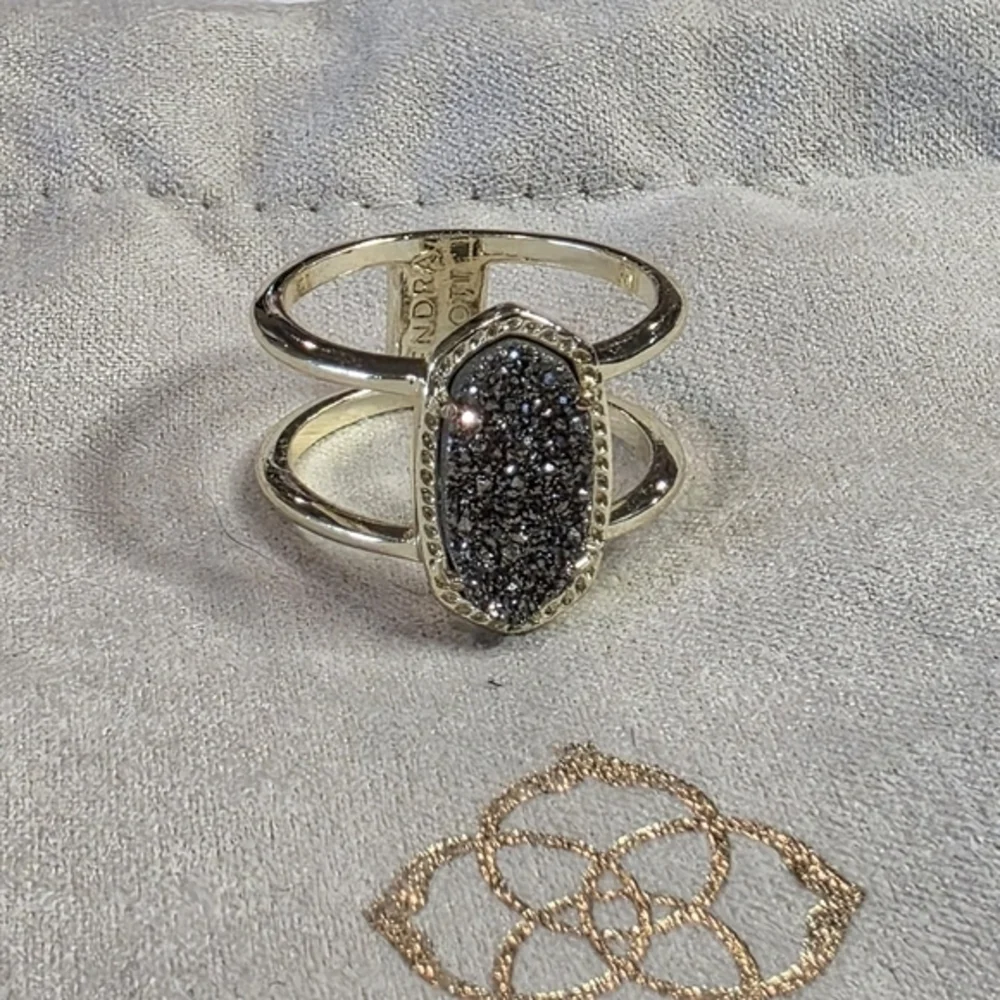 Kendra Scott Elisa Ring Gold Plated‎ Dark Gray Druzy Double Band Size 7